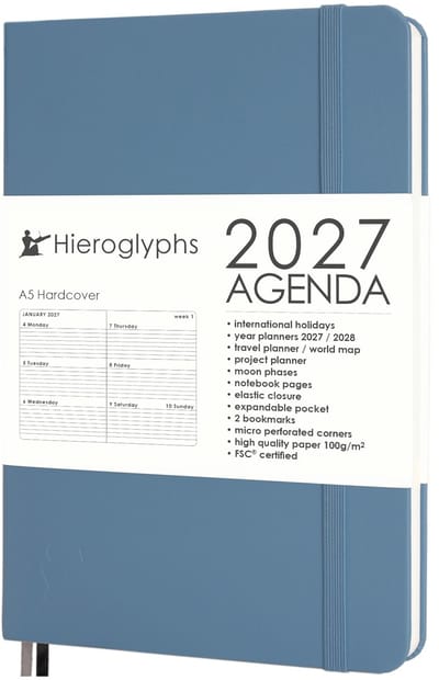 Hieroglyphs Agenda 2027 A5 - 1 Week op 2 pagina's - Harde Kaft - Elastiek - Opbergvak - 2 Bladwijzers - Weekagenda Jaaragenda Volwassenen - Petrol Blue