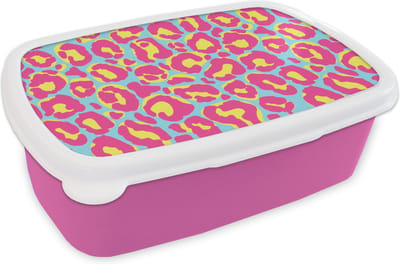 Broodtrommel Roze - Lunchbox - Brooddoos - Panterprint - Roze - Geel - Patroon - 18x12x6 cm - Kinderen - Meisje