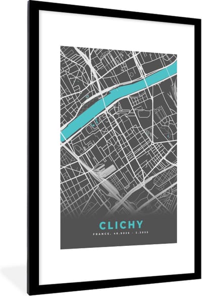 Fotolijst incl. Poster - Kaart - Stadskaart - Plattegrond - Frankrijk - Clichy - 80x120 cm - Posterlijst