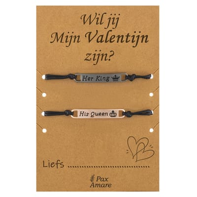 Koppel Armbandjes voor 2 "Wil jij mijn Valentijn Zijn? - His Queen Her King - Vriendschapsarmbandjes met Persoonlijk Cadeau Kaartje - Zwart & Rosé Goud - Elastisch Verstelbaar - Pax Amare