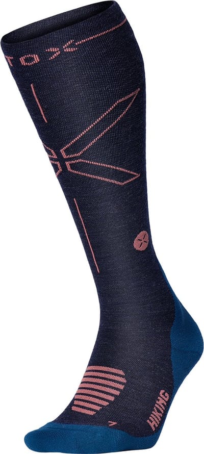 STOX Energy Socks Merino Wandelsokken Dames - Compressiekousen Wandelen - Donkerblauw / Koraalrood - Merino Wol Compressie Sokken - Naadloos - Outdoor - Hiking - Maat: 36-38
