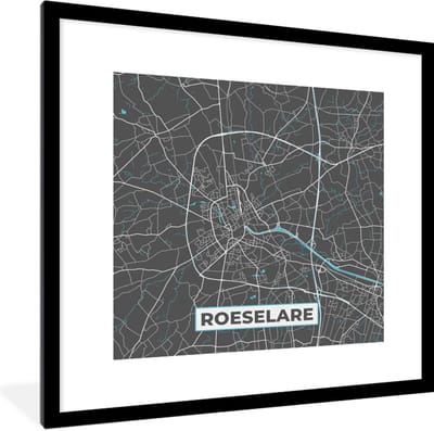 Fotolijst incl. Poster - Kaart – Plattegrond – Stadskaart – Roeselare – België - Grijs - 40x40 cm - Posterlijst