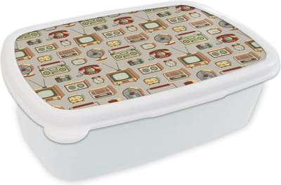 Broodtrommel Wit - Lunchbox Radio - Telefoon - Retro - Patroon - Brooddoos 18x12x6 cm - Brood lunch box - Broodtrommels voor kinderen en volwassenen