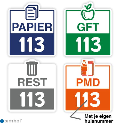 Simbol - Voordeelset 4 Stuks Container Sticker Met Eigen Huisnummer - Kliko Stickers Huisnummer  - Papier - GFT - Restafval - Plastic - Formaat 20 x 23 cm. - Formaat