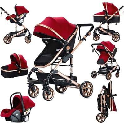 3-in-1 kinderwagen met draagbare reiswieg en opvouwbare buggy voor pasgeborenen - Rood
