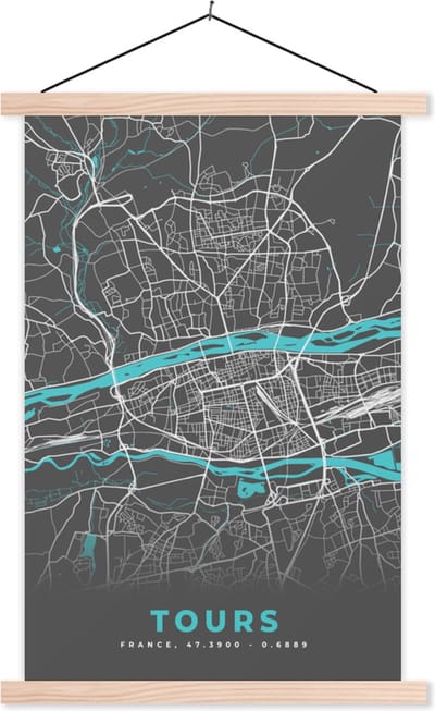 Posterhanger incl. Poster 40x60 cm - Schoolplaat - Tours - Plattegrond - Frankrijk - Kaart - Stadskaart - Textielposter - Blanke latten - Stadskaart