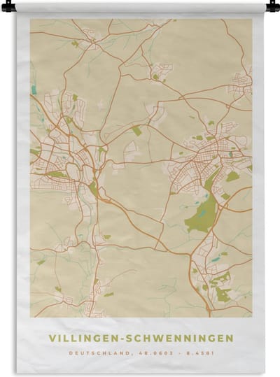 Wandkleed - Wanddoek - Plattegrond - Villingen-Schwenningen - Kaart - Stadskaart - Vintage - 120x180 cm - Wandtapijt