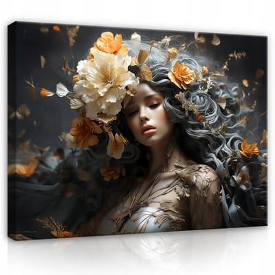 WALLARENA - Canvas schilderij - 100x70 cm - abstracte vrouw met bloemen voor muurdecoratie in de woonkamer of slaapkamer