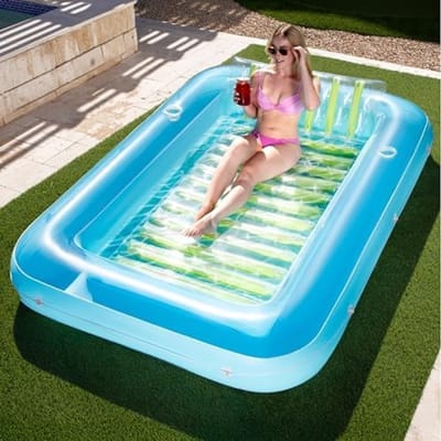 Opblaasbaar zonnezwembad 2,1 x 1,4 m met afneembaar kussen, drankhouders en touw - Blauw/Groen - Perfect voor zomerplezier