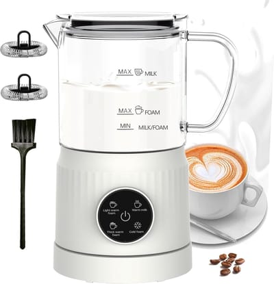 4-In-1 Elektrische Melkopschuimer En Melkwarmer – Automatische Melkopschuimer Voor Warm En Koud – Visueel Glas – Schuimmaker Voor Koffie, Latte En Cappuccino – Wit