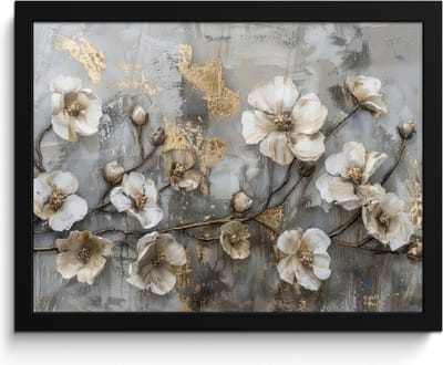 Poster in lijst - Fotolijst 40x30 cm - Posters - Bloemen - Wit - Grijs - Goud - Luxe - Posterlijst zwart - Decoratie - Wanddecoratie woonkamer - Muurdecoratie slaapkamer