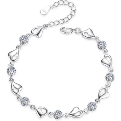 Bracelet en argent sterling 925 de haute qualité, style rétro, simple, coloré, en forme de cœur, zircone cubique, longueur 17 cm + 4 cm white