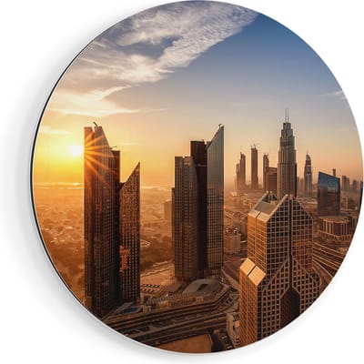 Artaza Dibond Muurcirkel Dubai Stad bij Zonsopgang - Ø 70 cm - Wandcirkel - Rond Schilderij - Voor Binnen en Buiten