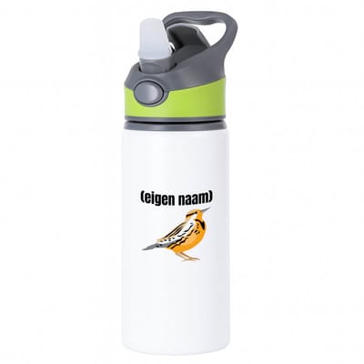Hacebo® - oranje mus met eigen naam waterfles met rietje groen - Vogels - dieren liefhebber - iemand die houdt van mussen - verjaardag - cadeau - kado - geschenk - water fles - 650ML