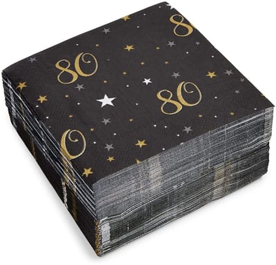 aladdien - 80e verjaardag papieren servetten - feestservetten - zwart en goud - 6,5 x 6,5 inch - verjaardagspartij - 100 stuks - geschikt voor 80ste...