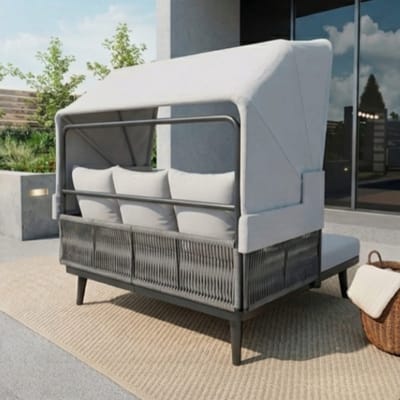 Zonneligstoel 2 Personen 151x146x145 cm met Opvouwbaar Dak en 10 cm Kussen – Duo Ligbed Tuin Weerbestendig met Luifel – Outdoor Loungebed voor Terras en Balkon – Grijs – Bella