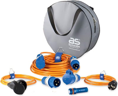 Schwabe complete camping Set: Powerlight verlengkabel 25m + verloopkabels + zaklamp + opbergtas (19706)