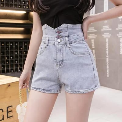 Mode Tout-match Super Taille Haute Jeans Stretch Femme Été Ample Taille Haute Mince Short Coupe A XL bleu