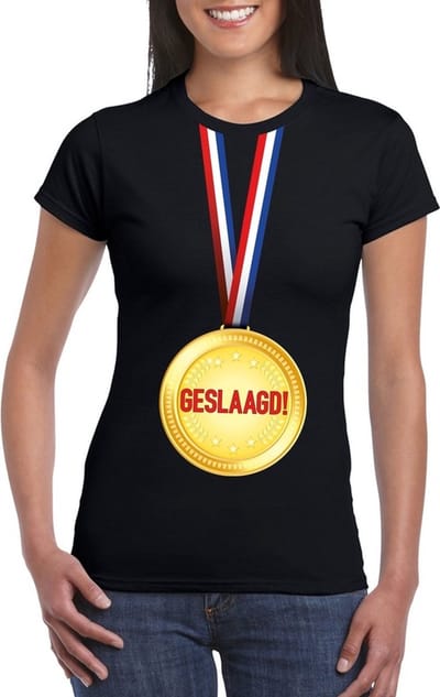 Geslaagd t-shirt zwart met medaille dames S