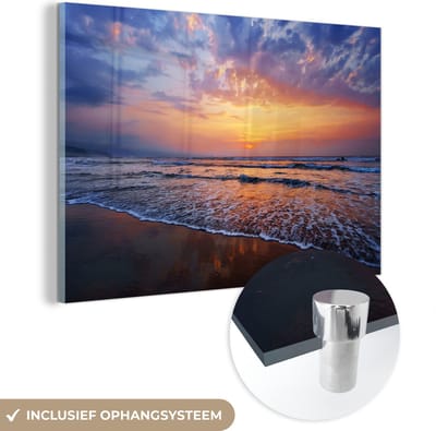 MuchoWow® Glasschilderij 120x80 cm - Schilderij acrylglas - Zee - Zon - Kleuren - Foto op glas - Muurdecoratie woonkamer - Wanddecoratie slaapkamer - Schilderijen