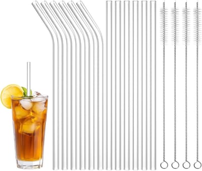 Herbruikbare glazen rietjes set van 12, 6 gebogen en 6 recht, inclusief 4 schoonmaakborstels, ideaal voor cocktails, sappen en smoothies, 0.8 × 20 cm transparant