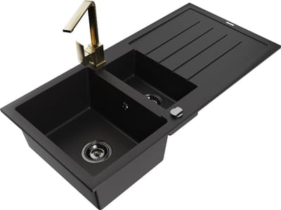 Mexen Andres granieten spoelbak 1,5-komor met afdruiprek en keukenmengkraan Rita, zwart/goud metallic- 6515-75-670300-50-B