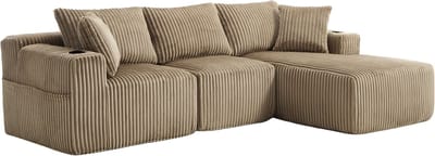 REDOM - Modulaire Bank Sofa Chaise Longue + 2-Zits – Flexibele Loungebank Met Cupholders En Zijvakken – Voor Woonkamer – Corduroy – Khaki – 257 x 160 cm