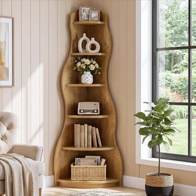 LITTLE TREE Hoekrek - 45 x 45 x 175 cm - 6 Niveaus Boekenplank - Golfontwerp - Modern Staand Rek - Ruimtebesparend - Vintage Bruin