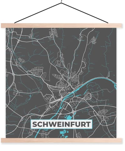 Posterhanger incl. Poster 90x90 cm - Schoolplaat - Duitsland – Blauw – Schweinfurt – Stadskaart – Kaart – Plattegrond - Textielposter - Blanke latten - Stadskaart