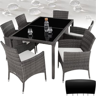 tectake® Wicker Tuinset Porto - Voor 6 Personen - Balkonmeubel - Tuinmeubelset met Tafel en 6 Stoelen - Zitgroep voor Tuin, Terras en Balkon - Inclusief Kussens en Beschermhoes - Grijs - Wicker Set