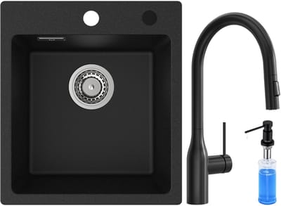 CECIPA max Spoelbak Antraciet 40x45CM - Spoelbakken Met Uittrekbare Uitloop Keukenkraan en Kraangat - Granieten Spoelbakken Keuken Met Zeepdispenser 300ML - Enkele Spoelbak Incl. Sifon en Afvoerzeefje