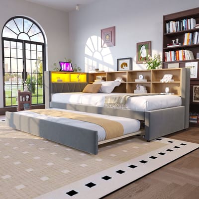Wishdor Slaapbank met Uitschuifbed – 90 x 200 cm – Ledverlichting en Oplaadpunten – Flanellen Bekleding Donkergrijs – Inclusief Opbergvakken en Uitschuifbed 90 x 190 cm – Ruimtebesparend voor Woonkamer of Logeerkamer – Stabiel tot 150 kg