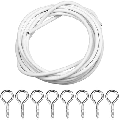 Dailygoods- Gordijndraad 2 m - Gordijnkoord met 6 haken - Oogjes voor bevestiging - Geschikt voor gordijnen - Decoraties binnen/buiten - Wit kunststof touw