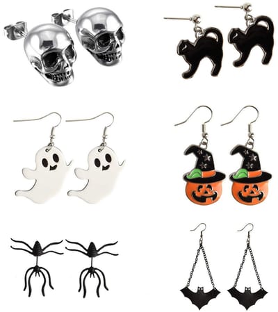 Dailygoods- Halloween Oorbellen Set 6 Paar - Pompoen/Skelet/Vleermuis/Spook/Zwarte Kat - Sieraden voor Halloween - Decoraties - Diverse Afmetingen