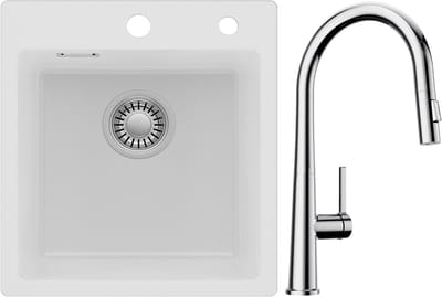 Auralum max Spoelbak Keuken 40x45CM - Spoelbakken Graniet Met Keuken kraan - Enkele spoelbak Wit - Met waterafvoersysteem - Voor 40 cm kast