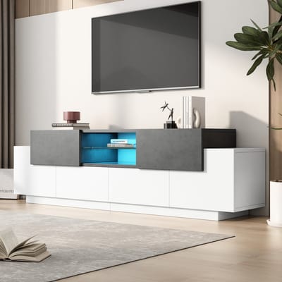 STILVORA TV-Meubel - Marmerlook Met RGB LED - Glazen Plank En Opbergruimte Voor Tot 80 Inch - Spaanplaat - 180x40x45 cm - Grijs+Wit