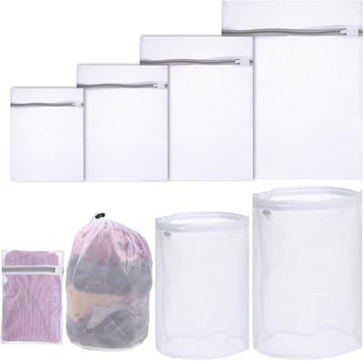 6 Pack Waszakken van Netstof, 4 Wasnetten met Rits en 2 Trekkoordzakken voor Ondergoed, Sokken en Kleding - Ideaal voor Thuis en Op Reis