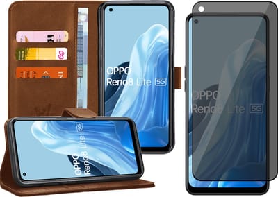 Hoesje geschikt voor Oppo Reno 8 Lite - Privacy Screenprotector Volledig Dekkend Glas - Portemonnee Book Case Bruin