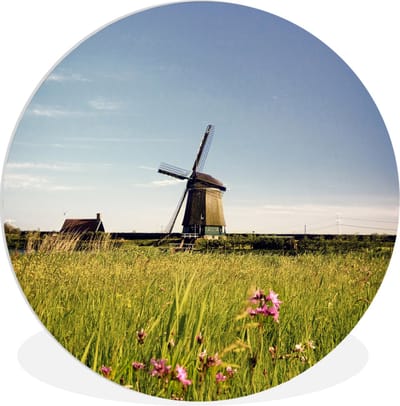 WallCircle® Wandcirkel 60x60 cm - Muurcirkel Een molen met bloemen - Muurdecoratie woonkamer - Wanddecoratie slaapkamer - Kamer decoratie accessoires - Ronde schilderijen