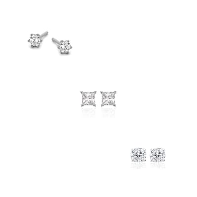 New Bling 9NB-SET041 Zilveren Oorknopjes setje - 3 paar - Earparty - Oorbellen - 3mm - Zirkonia - Rhodium - Zilver
