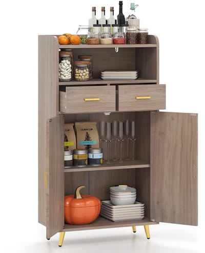COSTWAY Multifunctionele kast met dubbele deur, 2 laden, verstelbaar rek, woonkamerkast voor keuken, badkamer, woonkamer, hal, hout, keukenkast, opbergkast, 60 x 30 x 113 cm (grijs)