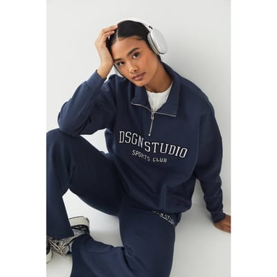 Dames DSGN Studio Applique Oversized Half Zip Sweatshirt | Marineblauw | Maat: 2XL