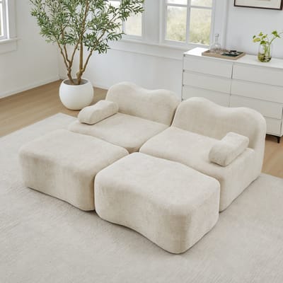 MODENUIT Hoekbank 2-Zits Met 2 Ottomans - Modulair Zonder Frame - Voor Woonkamer En Appartement - Fluweel Beige