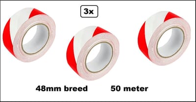 3x Rol vloermarkerings tape rood-wit 50 meter - 48mm breed - Waterdicht, weerbestendig, corrosiebestendig en antistatisch.