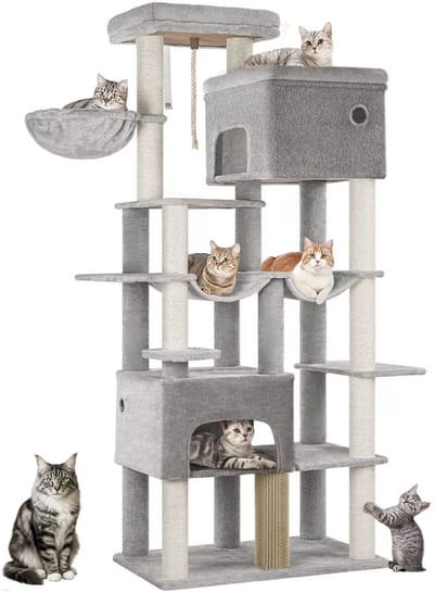 Multi Level Cat Tower - 200 cm - Krabpaal Katten Groot – Met 10 Krabpalen en 2 Hangmatten – Kattentoren met 2 Holletjes, Mand en Platform – Inclusief Kattenborstel – Geschikt voor Grote Katten en Kittens