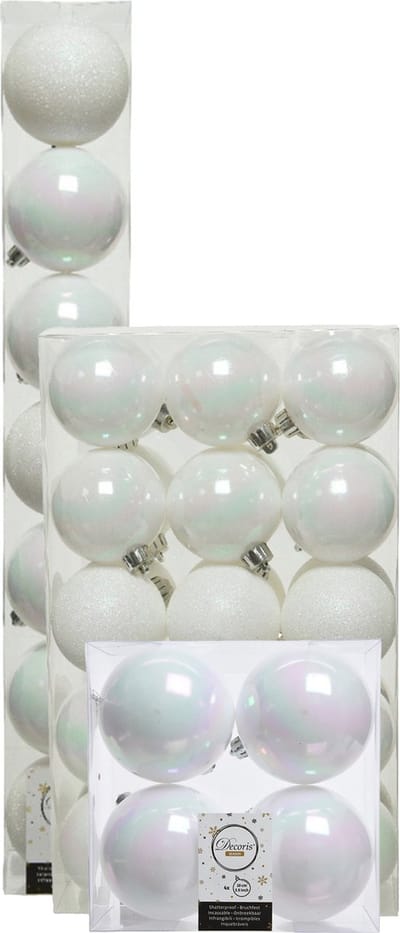 Kerstversiering kunststof kerstballen parelmoer wit 6-8-10 cm pakket van 52x stuks - Kerstboomversiering