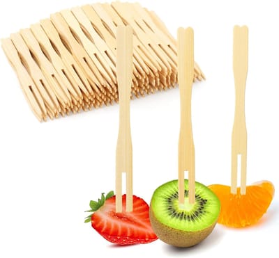 Fruitvorkjes Van Bamboe - Verpakking Van 400 - 2 Tanden - Voor Fruit/Cake/Dessert - Wegwerp En Composteerbaar - Voor Feestjes/Picknick/Catering - Bamboe Houtkleur - 8,8x0,7cm Per Stuk - 400 Stuks