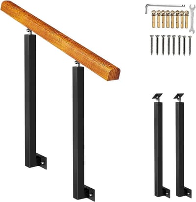 Houten trapleuning - Verstelbare leuning - Veilig traplopen - 270° verstelbare paal - Hoogte 95cm - Houtkleurig