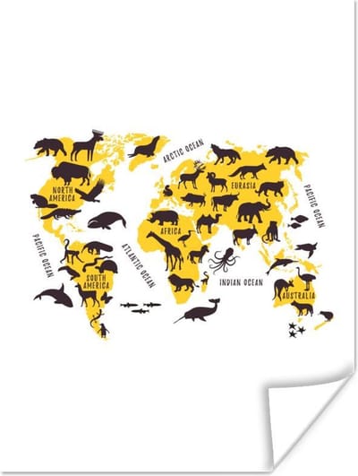 Poster - Wereldkaart - Dieren - Geel - 30x40 cm