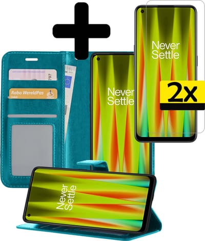 Hoesje - Met 2x Screenprotector - Geschikt voor OnePlus Nord CE 2 - Luxe Pasjeshouder - Bookcase Portemonee - Flip Case - Kunstleer Book Case - Flipcase Hoes - Book Cover - Walletcase - Portemonneehoes - Telefoonhoesjes - Turquoise